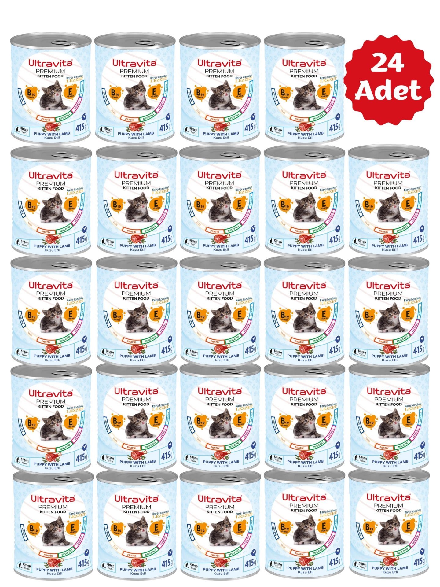 Ultravita Premium Yüksek Proteinli Kuzu Etli Yavru Konserve Kedi Yaş Maması 415gr x 24 Adet