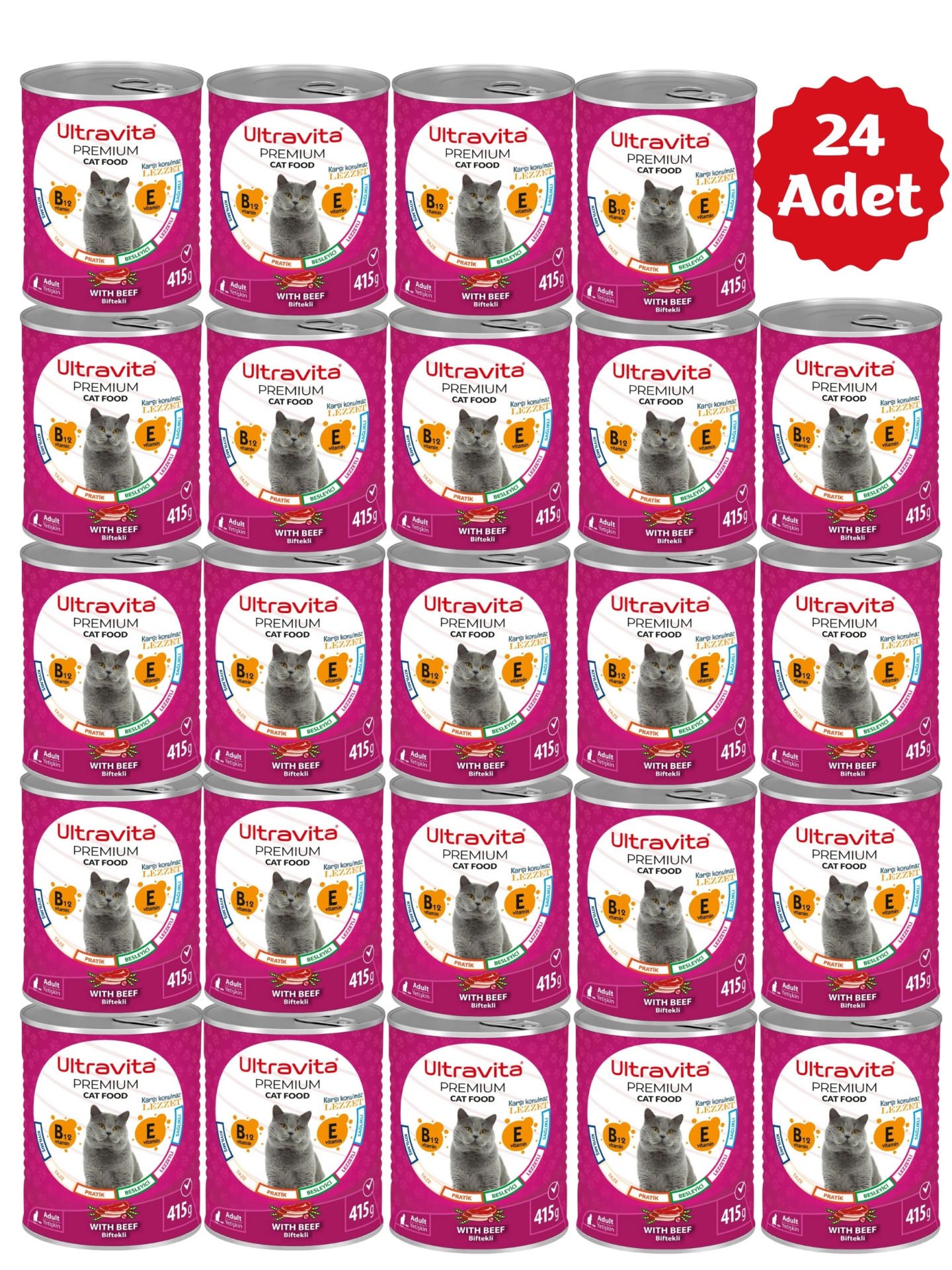 Ultravita Premium Yüksek Proteinli Sığır Etli Konserve Yaş Kedi Maması 415gr X 24 Adet