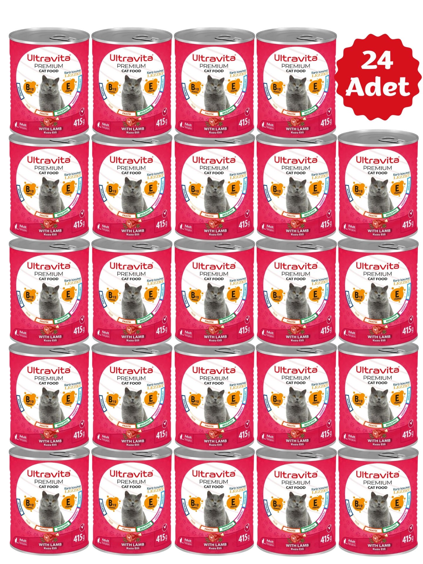 Ultravita Premium Yüksek Proteinli Kuzu Etli Konserve Yaş Kedi Maması 415gr x 24 Adet