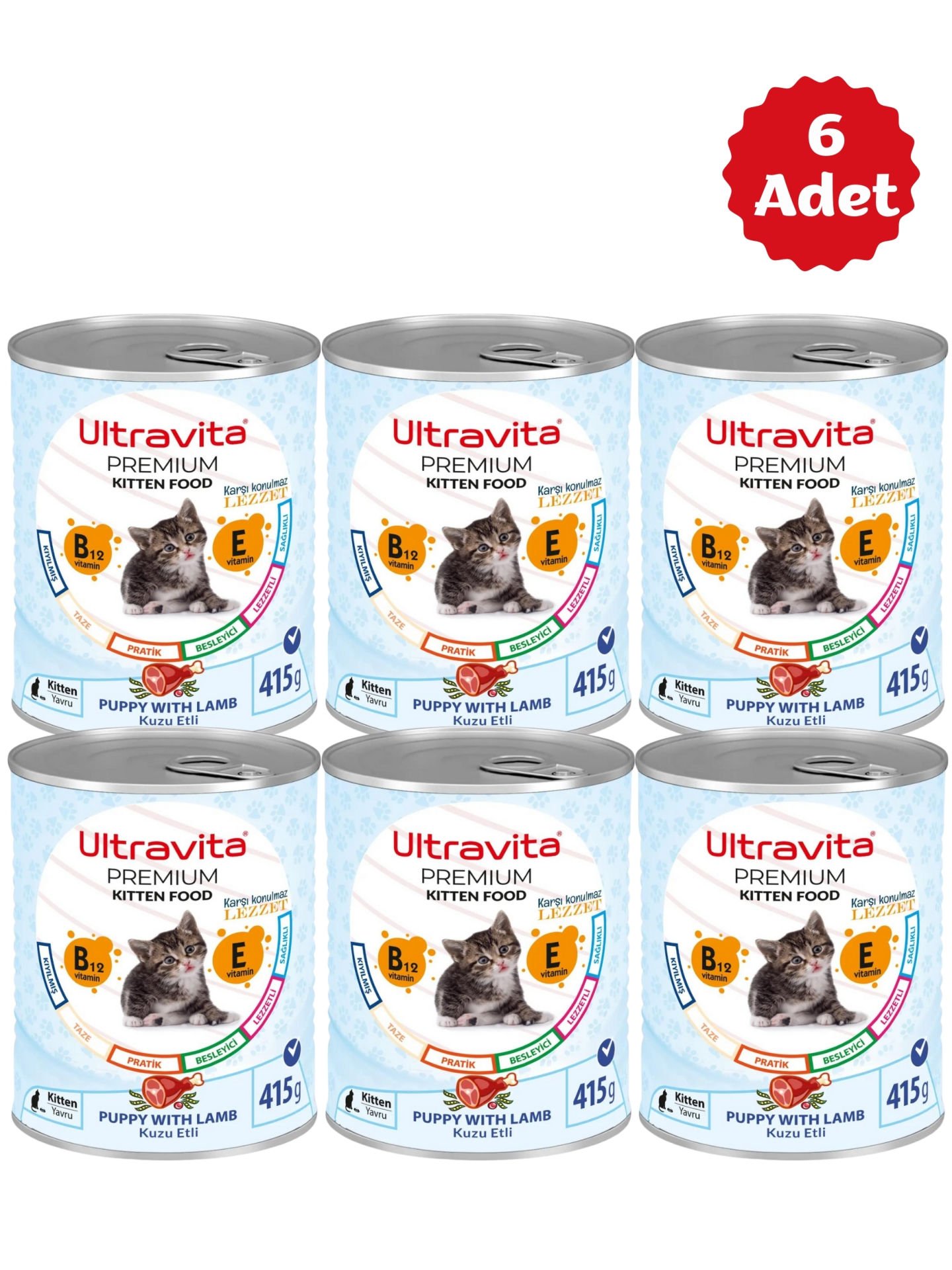 Ultravita Premium Yüksek Proteinli Kuzu Etli Konserve Yaş Yavru Kedi Maması 415gr x 6 Adet