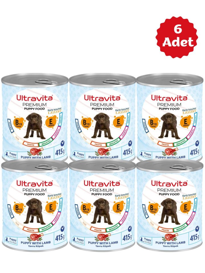 Ultravita Premium Yüksek Proteinli Kuzu Etli Konserve Yaş Yavru Köpek Maması 415gr x 6 Adet