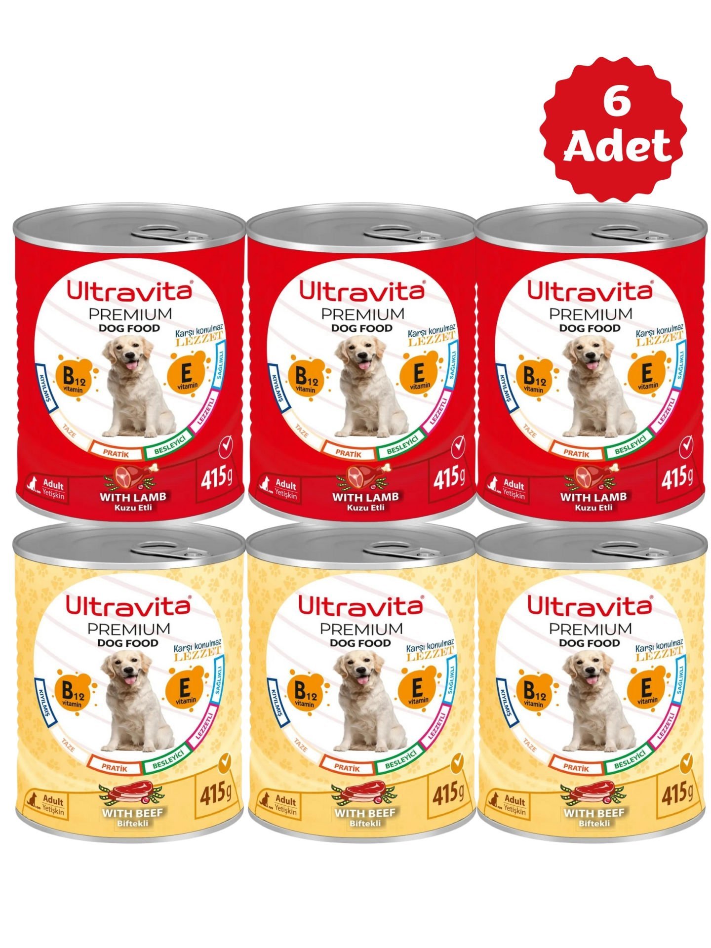 Ultravita Premium Yüksek Proteinli Kuzu Etli + Sığır Etli  Konserve Yaş Köpek Maması 415gr x 6 Adet