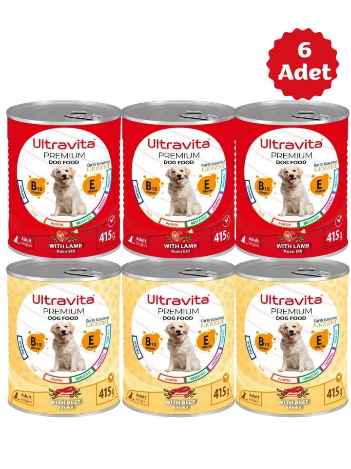 Ultravita Premium Yüksek Proteinli Kuzu Etli + Sığır Etli  Konserve Yaş Köpek Maması 415gr x 6 Adet