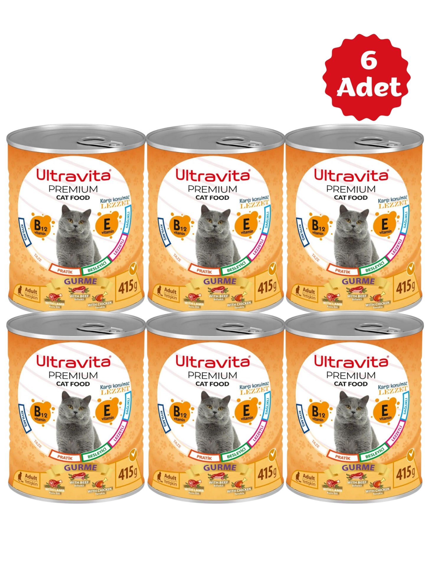 Ultravita Premium Yüksek Proteinli Gurme Etli Konserve Yaş Kedi Maması 415gr x 6 Adet