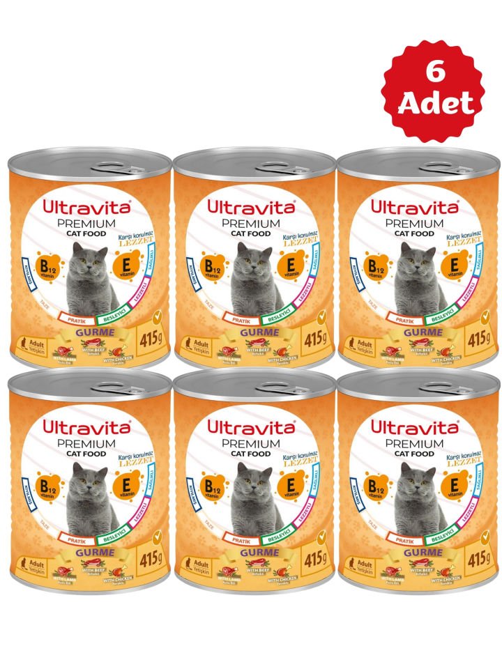 Ultravita Premium Yüksek Proteinli Gurme Etli Konserve Yaş Kedi Maması 415gr x 6 Adet