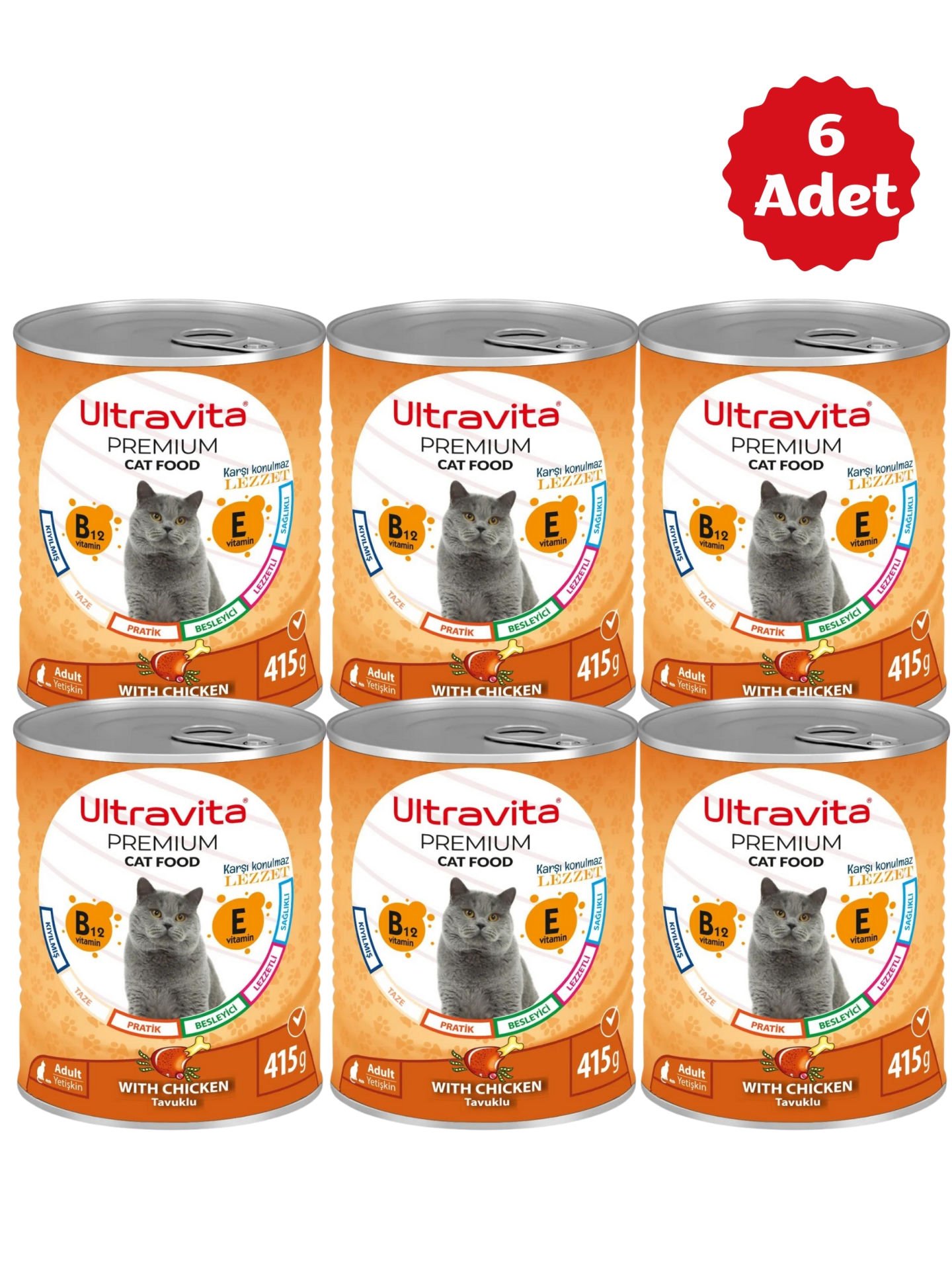 Ultravita Premium Yüksek Proteinli Tavuk Etli Konserve Yaş Kedi Maması 415gr x 6 Adet
