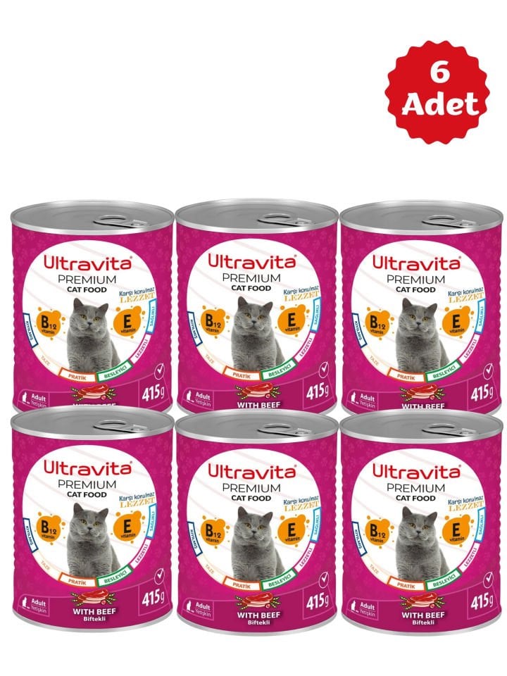 Ultravita Premium Yüksek Proteinli Sığır Etli Konserve Yaş Kedi Maması 415gr x 6 Adet