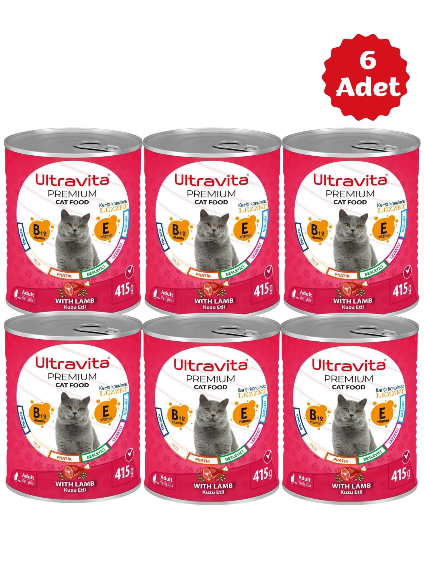 Ultravita Premium Yüksek Proteinli Kuzu Etli Konserve Yaş Kedi Maması 415gr x 6 Adet