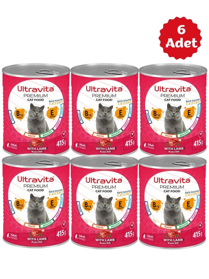 Ultravita Premium Yüksek Proteinli Kuzu Etli Konserve Yaş Kedi Maması 415gr x 6 Adet