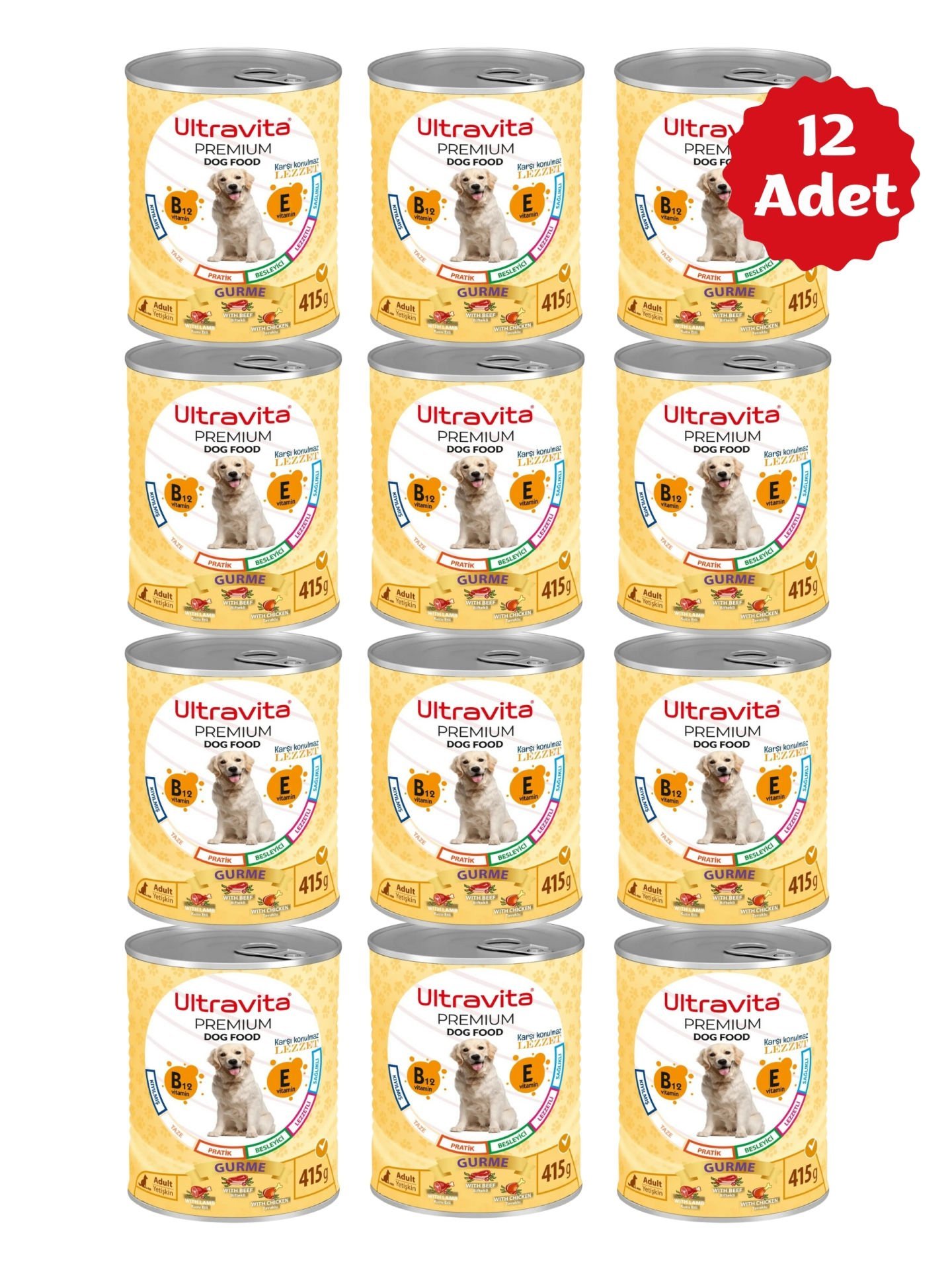 Ultravita Premium Yüksek Proteinli Gurme Etli Konserve Yaş Köpek Maması 415gr x 12 Adet