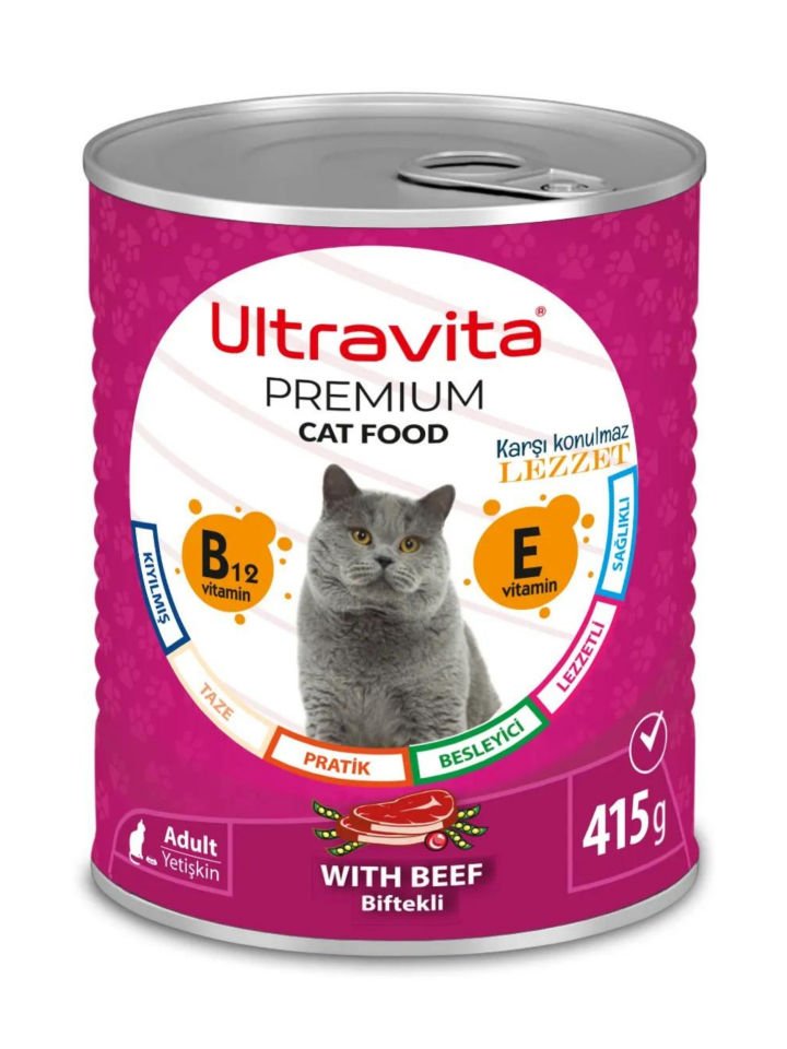 Ultravita Premium Yüksek Proteinli Sığır Etli Konserve Yaş Kedi Maması 415gr x 12 Adet