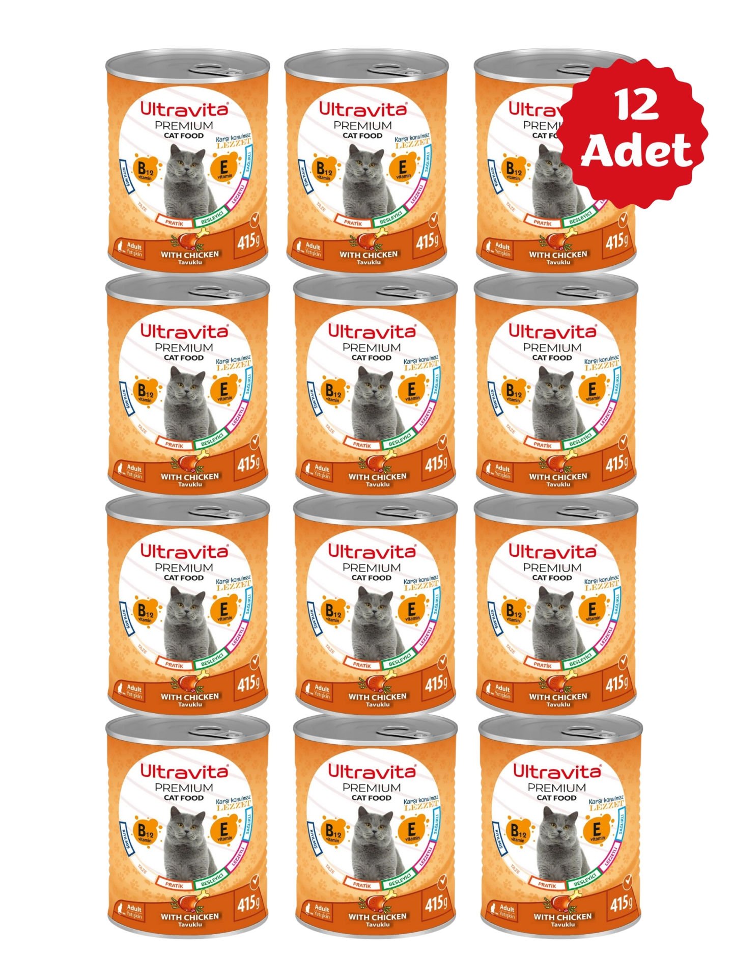 Ultravita Premium Yüksek Proteinli Tavuk Etli Konserve Yaş Kedi Maması 415gr x 12 Adet