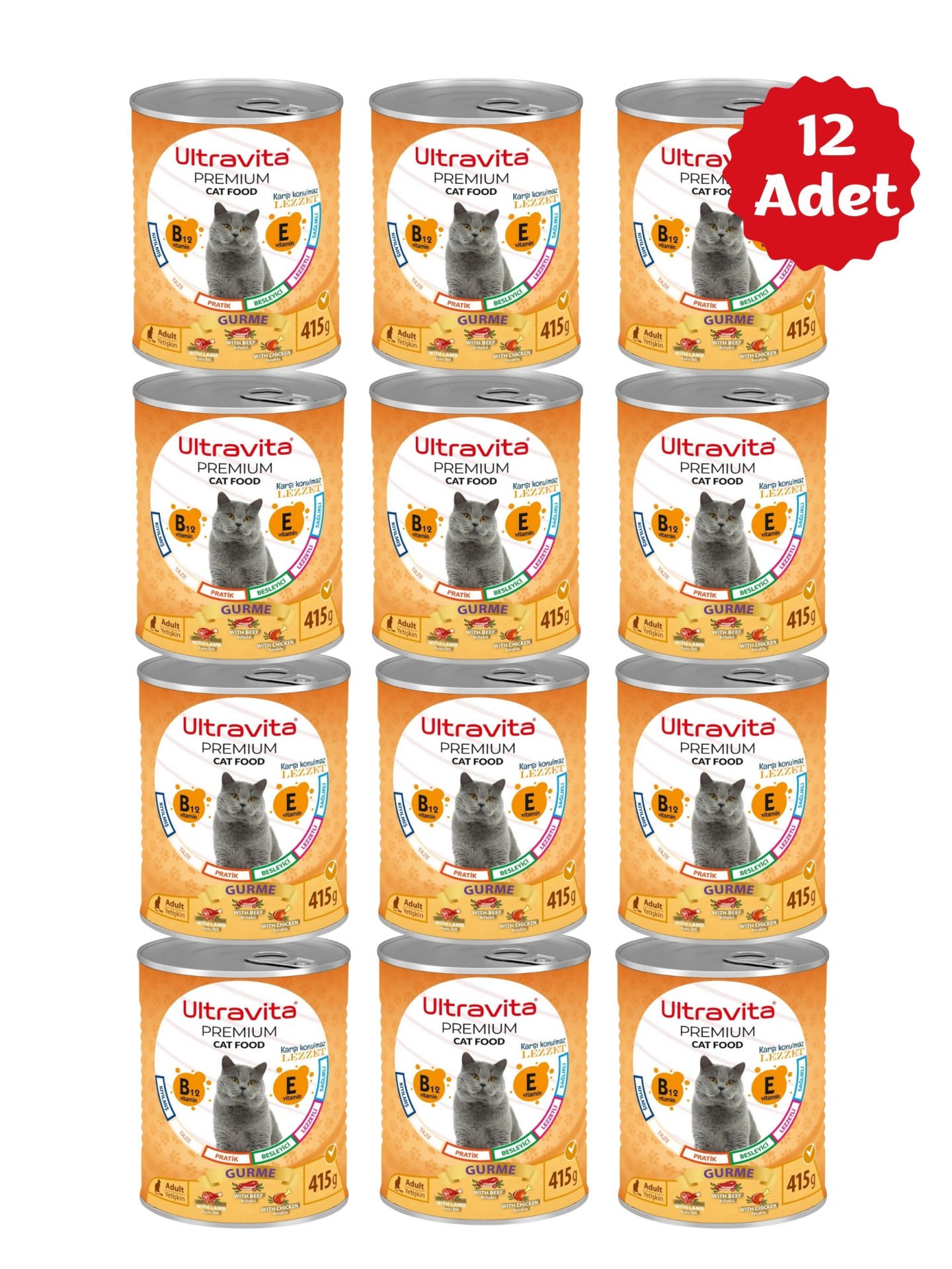Ultravita Premium Yüksek Proteinli Gurme Etli Konserve Yaş Kedi Maması 415gr x 12 Adet