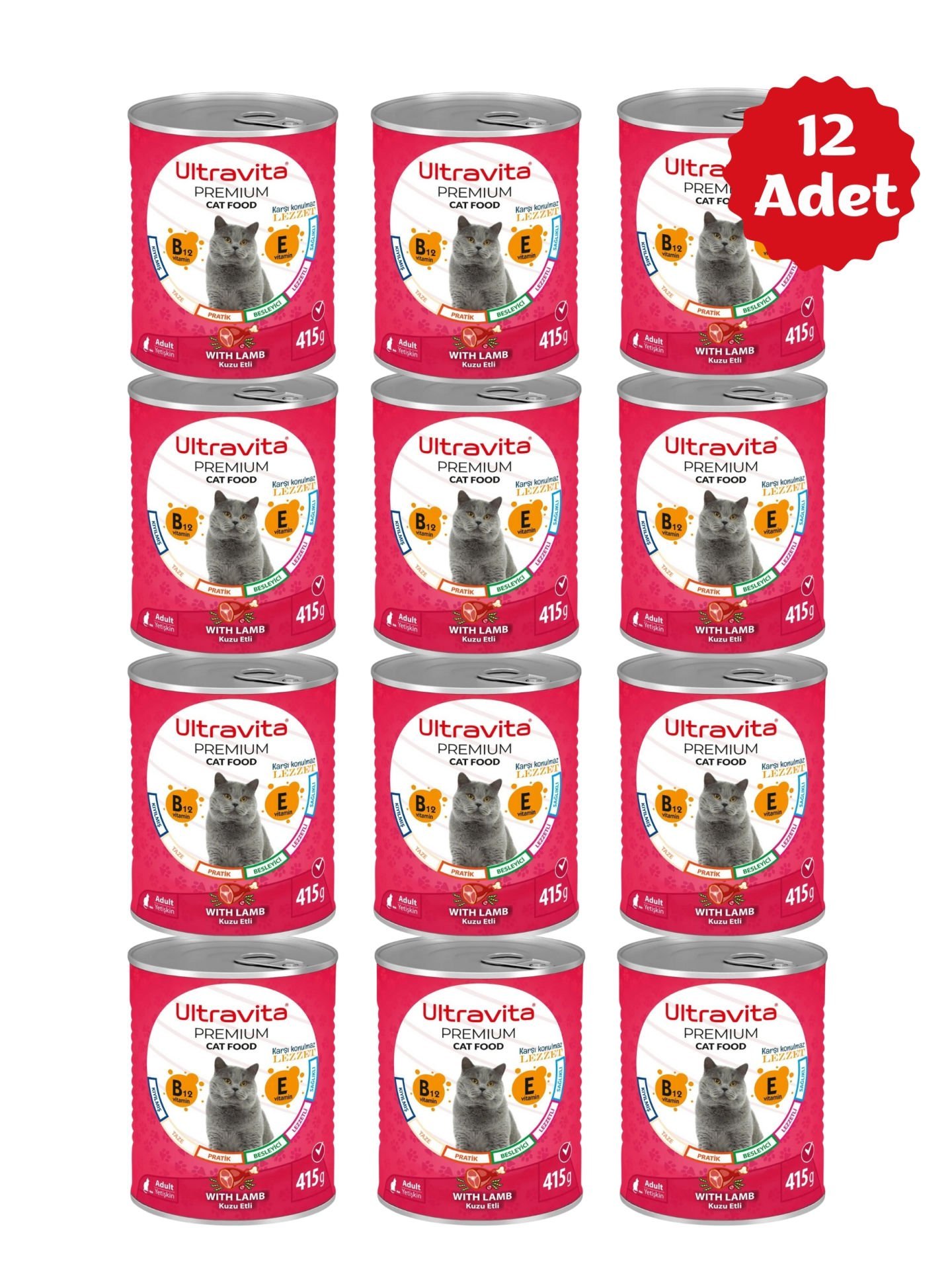 Ultravita Premium Yüksek Proteinli Kuzu Etli Konserve Yaş Kedi Maması 415gr x 12 Adet