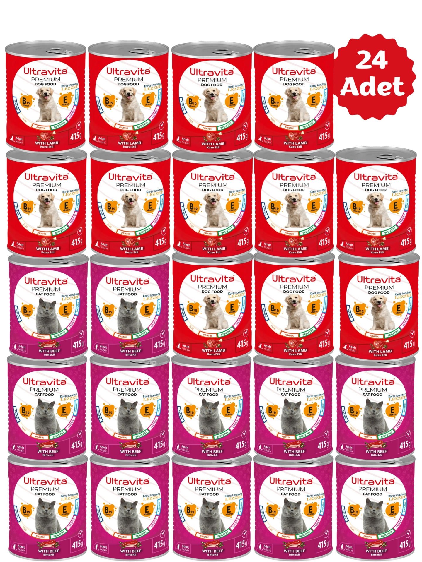 Ultravita Premium Yüksek Proteinli Karışık Konserve Yaş Kedi ve Köpek Maması 415gr x 24 Adet