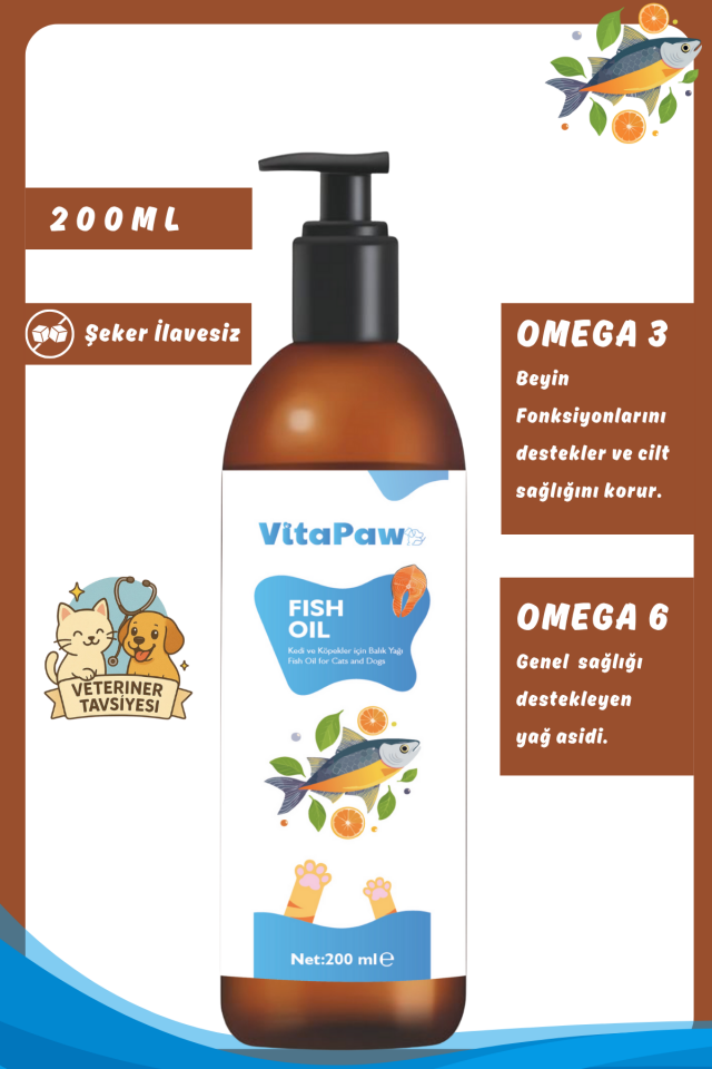 VitaPaw Kedi ve Köpekler İçin Omega 3 ve 6 İçerikli Balık Yağı – Tüy ve Genel Sağlık Destekleyici