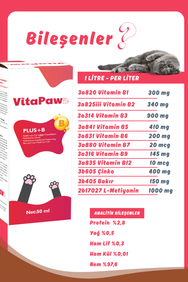 VitaPaw Plus B Kediler Için Tüy Dökümünü Azaltan, Besleyen Tüy Sağlığı Damlası Kedi Tüy Döküm Önleyici 50 ml