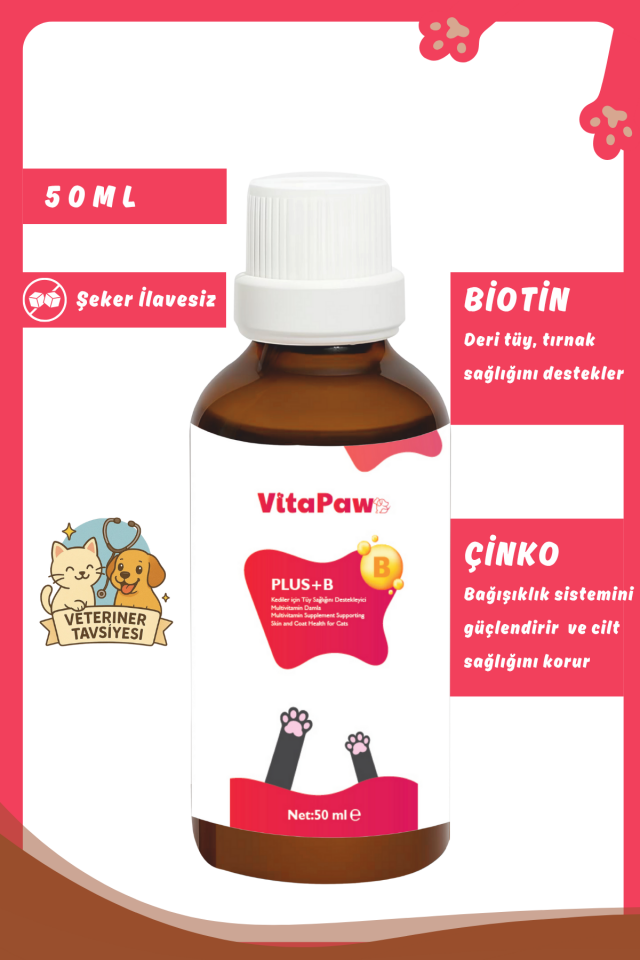 VitaPaw Plus B Kediler Için Tüy Dökümünü Azaltan, Besleyen Tüy Sağlığı Damlası Kedi Tüy Döküm Önleyici 50 ml